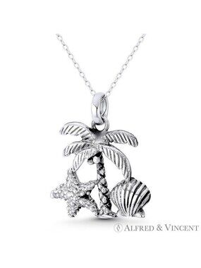 Palm Tree, Starfish, & Clam Charm Pendant in Oxidized .925 Sterling Silver